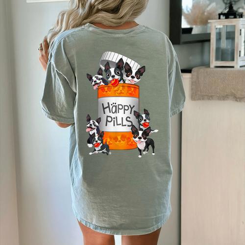 Boston Terrier Happy Pills T-Shirt Women's Comfort Colors T-Shirt Back Print - Bostonterriersmerch.com