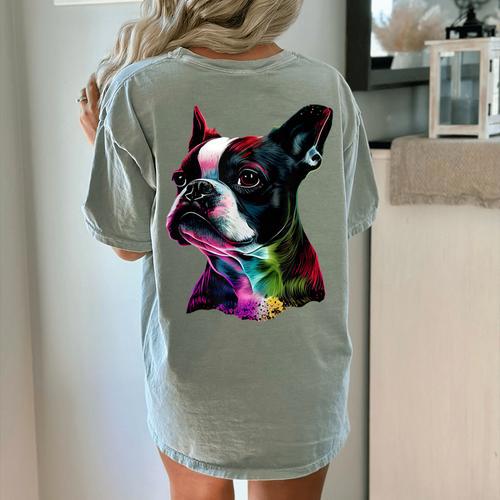 Boston Terrier Lovers Colorful Pop Art Boston Terrier Women's Comfort Colors T-Shirt Back Print - Bostonterriersmerch.com CA