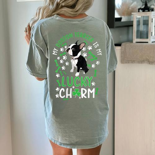 My Boston Terrier Is My Lucky Charm Paw Dog St Patrick's Day Women's Comfort Colors T-Shirt Back Print - Bostonterriersmerch.com