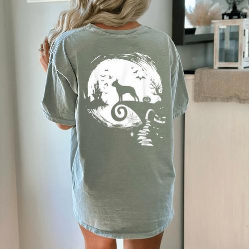 Boston Terrier And Moon Halloween Costume Dog Lover Women's Comfort Colors T-Shirt Back Print - Bostonterriersmerch.com