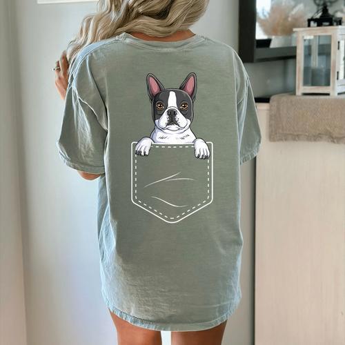 Boston Terrier In The Pocket Cute Boston Terrier Dog Lovers For Men Women Girls Kids Women's Comfort Colors T-Shirt Back Print - Bostonterriersmerch.com