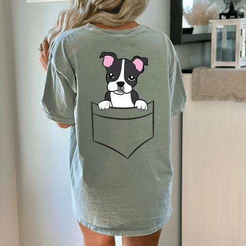Boston Terrier In The Pocket Cute Pocket Boston Terrier Women's Comfort Colors T-Shirt Back Print - Bostonterriersmerch.com