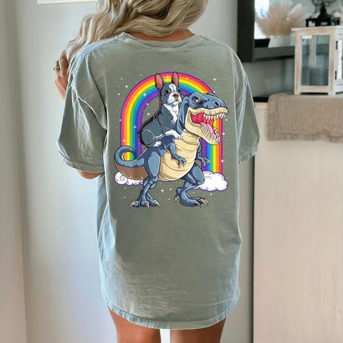 Boston Terrier Riding Dinosaur T-Rex Boys Kids Rainbow Women's Comfort Colors T-Shirt Back Print - Bostonterriersmerch.com