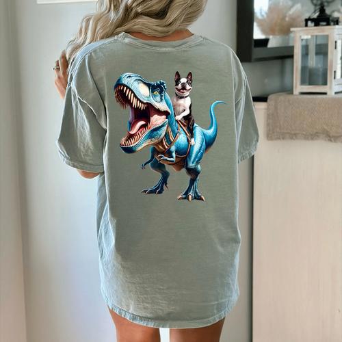 Boston Terrier Riding T-Rex Dinosaur Dog Lover Women's Comfort Colors T-Shirt Back Print - Bostonterriersmerch.com