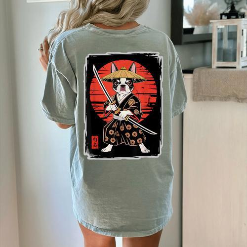 Boston Terrier Samurai Ninja Vintage Anime Japanese Ukiyo-e Women's Comfort Colors T-Shirt Back Print - Bostonterriersmerch.com