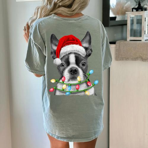 Boston Terrier Santa Christmas Tree Lights Xmas Boys Men Dog Women's Comfort Colors T-Shirt Back Print - Bostonterriersmerch.com