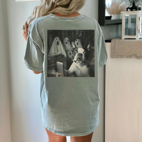 Boston Terrier Selfie With Ghosts Halloween Dog Lover Women's Comfort Colors T-Shirt Back Print - Bostonterriersmerch.com AU