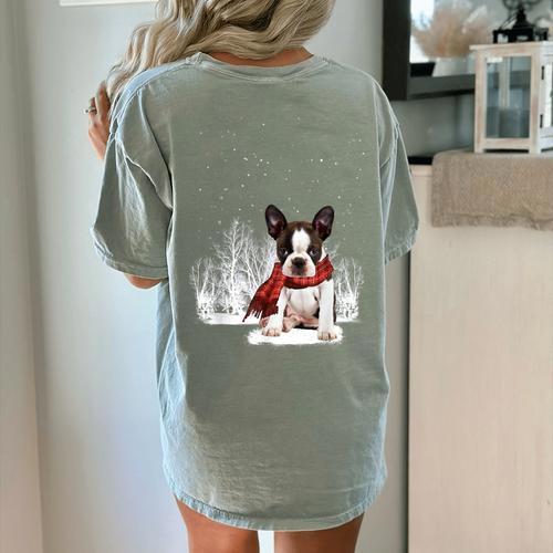 Boston Terrier In The Snow Merry Christmas Winter Women's Comfort Colors T-Shirt Back Print - Bostonterriersmerch.com