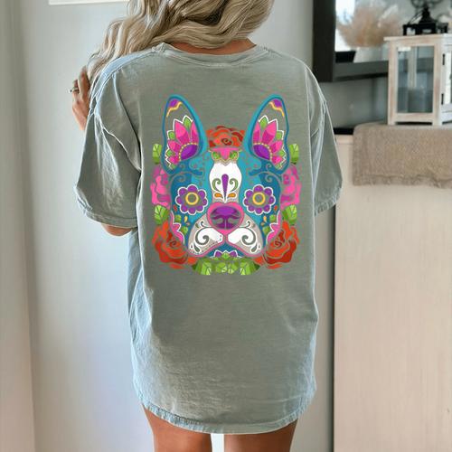 Boston Terrier Sugar Skull Dog Day Of The Dead Women's Comfort Colors T-Shirt Back Print - Bostonterriersmerch.com
