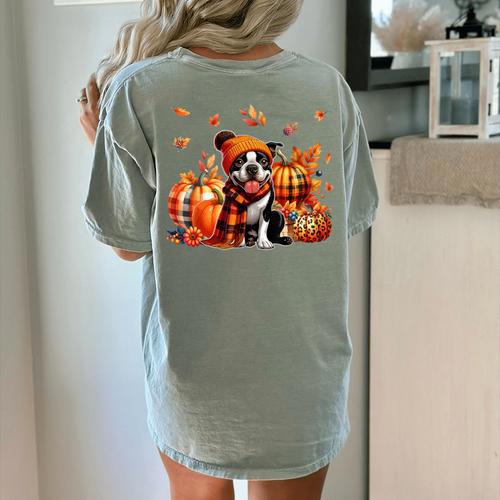 Boston Terrier Thanksgiving Leopard Pumpkins Fall Leaves Women's Comfort Colors T-Shirt Back Print - Bostonterriersmerch.com