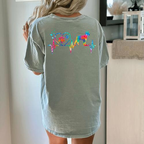Boston Terrier Tie Dye Heartbeat Love Dog Men Women Women's Comfort Colors T-Shirt Back Print - Bostonterriersmerch.com