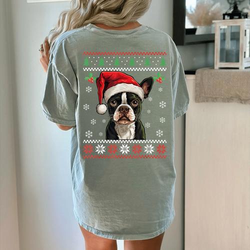 Boston Terrier Ugly Christmas Sweater Xmas For Adults Kids Women's Comfort Colors T-Shirt Back Print - Bostonterriersmerch.com