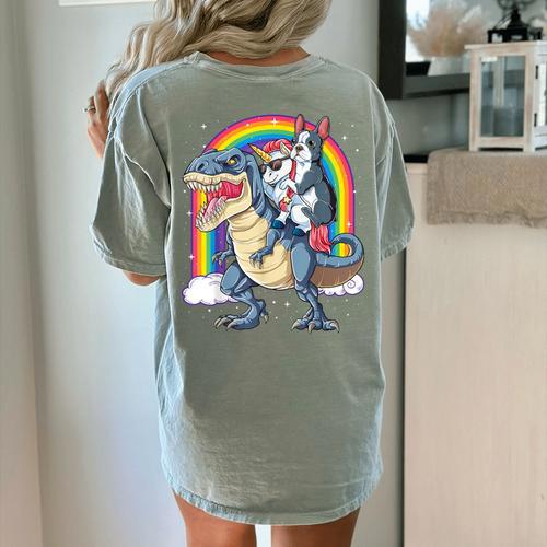 Boston Terrier Unicorn Riding Dinosaur T-Rex Girls Rainbow Women's Comfort Colors T-Shirt Back Print - Bostonterriersmerch.com