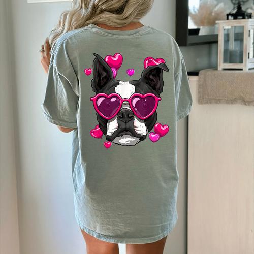 Boston Terrier Valentines Day Shirt Heart Dog Lover Women's Comfort Colors T-Shirt Back Print - Bostonterriersmerch.com