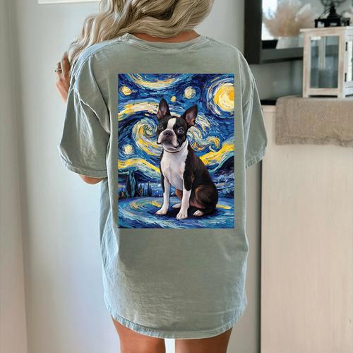 Boston Terrier Van Gogh Starry Night Women's Comfort Colors T-Shirt Back Print - Bostonterriersmerch.com