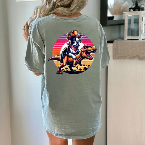Boston Terrier Wearing A Cowboy Hat On T-Rex Women's Comfort Colors T-Shirt Back Print - Bostonterriersmerch.com