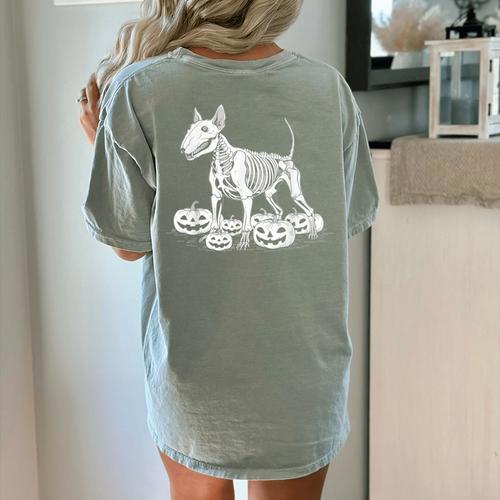 Bull Terrier Skeleton Birthday Halloween Kids Women's Comfort Colors T-Shirt Back Print - Bostonterriersmerch.com