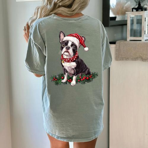 Cute Boston Terrier Dog Christmas Merry X-Mas Graphic Women's Comfort Colors T-Shirt Back Print - Bostonterriersmerch.com