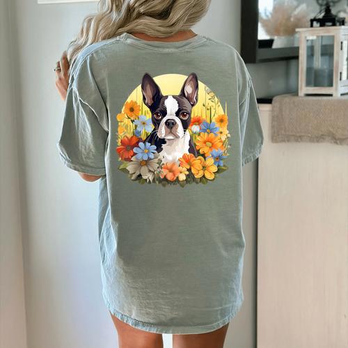 Cute Boston Terrier Spring Flower Garden Colorful Puppy Dog Women's Comfort Colors T-Shirt Back Print - Bostonterriersmerch.com