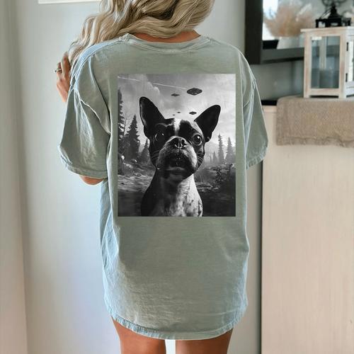 Dog Mom Dad Alien Selfie Boston Terrier UFO For Men Women Women's Comfort Colors T-Shirt Back Print - Bostonterriersmerch.com