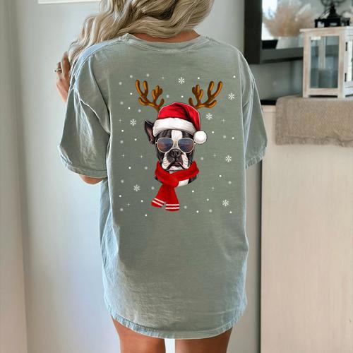 Family Matching Reindeer Xmas Boston Terrier Christmas Women's Comfort Colors T-Shirt Back Print - Bostonterriersmerch.com