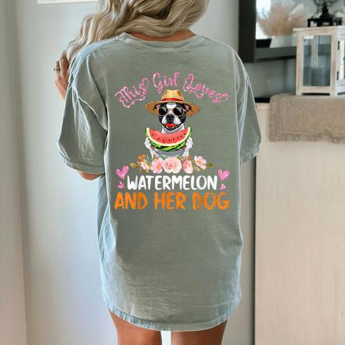 This Girl Loves Watermelon And Her Boston Terrier Dog Mother Women's Comfort Colors T-Shirt Back Print - Bostonterriersmerch.com