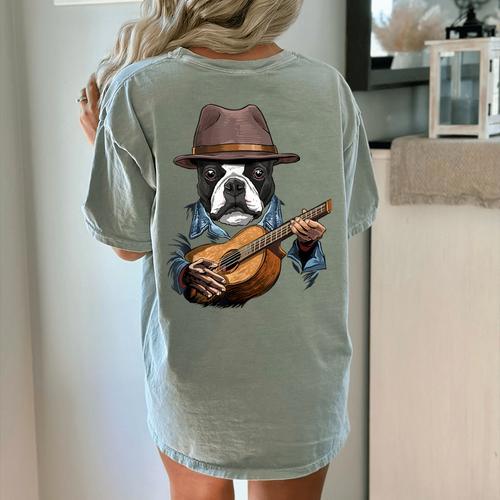 Guitar Shirt Boston Terrier Dog Playing Acoustic Guitar Women's Comfort Colors T-Shirt Back Print - Bostonterriersmerch.com