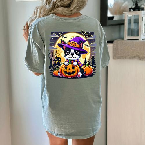 Halloween Boston Terrier Dog Breed With Jack O' Lantern Art Women's Comfort Colors T-Shirt Back Print - Bostonterriersmerch.com