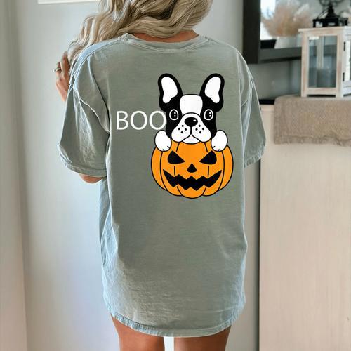 The Halloween Boston Terrier Women's Comfort Colors T-Shirt Back Print - Bostonterriersmerch.com