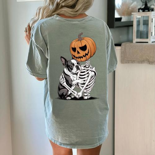 Halloween Skeleton Boston Terrier Women's Comfort Colors T-Shirt Back Print - Bostonterriersmerch.com