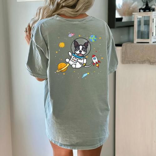 Kawaii Kids & Boys Astronaut Space Boston Terrier Dog Lover Women's Comfort Colors T-Shirt Back Print - Bostonterriersmerch.com