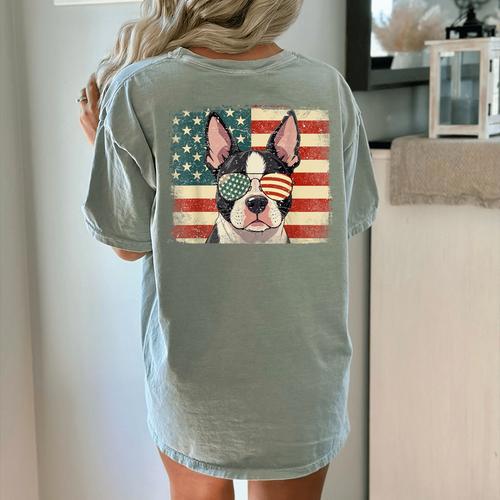 Patriotic Boston Terrier Dog Lover USA Flag 4th Of July For Men Women Kids Women's Comfort Colors T-Shirt Back Print - Bostonterriersmerch.com