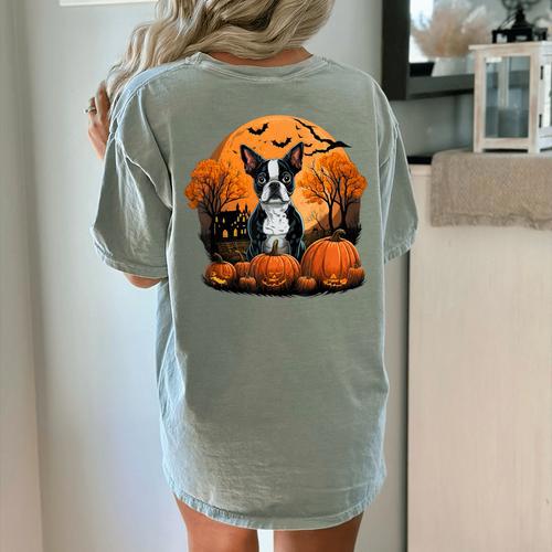 Pumpkin Boston Terrier Costume On Boston Terrier Halloween Women's Comfort Colors T-Shirt Back Print - Bostonterriersmerch.com