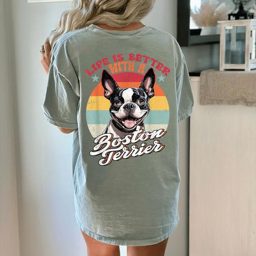 Retro Life Is Better With Boston Terrier Mom Dog Lover Women's Comfort Colors T-Shirt Back Print - Bostonterriersmerch.com