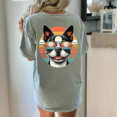 Retro Sunset Sunglasses Boston Terrier Boston Bull Bostie Women's Comfort Colors T-Shirt Back Print - Bostonterriersmerch.com