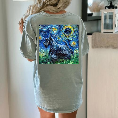 Scottish Terrier Starry Night Scotty Dog Art By Aja Women's Comfort Colors T-Shirt Back Print - Bostonterriersmerch.com