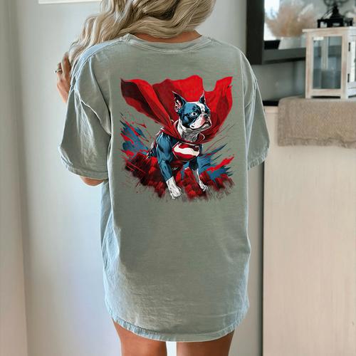 Super Power Superhero Boston Terrier Dog For Men Women Kids Women's Comfort Colors T-Shirt Back Print - Bostonterriersmerch.com