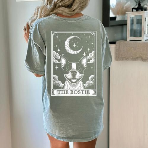 Tarot Card Vintage Crescent Moon Boston Terrier Dog Mom Women's Comfort Colors T-Shirt Back Print - Bostonterriersmerch.com