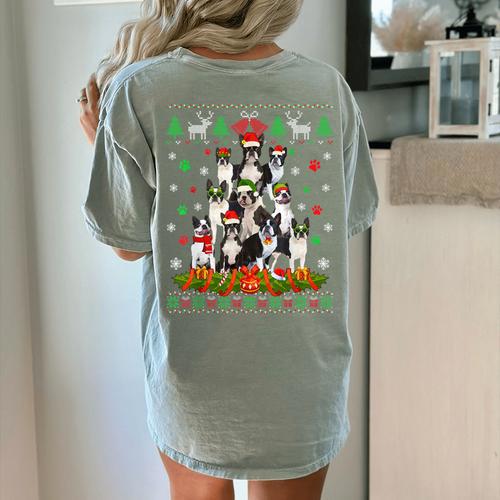Ugly Sweater Christmas Tree Boston Terrier Dog Xmas Pajama Women's Comfort Colors T-Shirt Back Print - Bostonterriersmerch.com