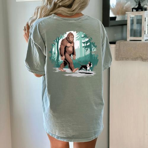 Whimsical Forest Adventures Sasquatch Bigfoot Walking Boston Terrier Dog Lovers Women's Comfort Colors T-Shirt Back Print - Bostonterriersmerch.com