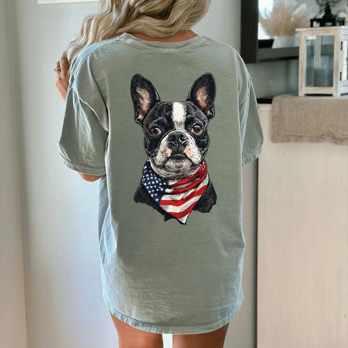 Boston Terrier American Flag Women's Comfort Colors T-Shirt Back Print - Bostonterriersmerch.com