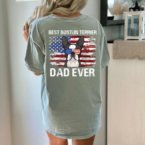 Boston Terrier Dad American Flag 4th Of July Dog Fathers Day Women's Comfort Colors T-Shirt Back Print - Bostonterriersmerch.com