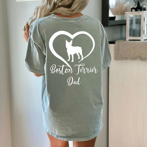 Boston Terrier Dad Cute Boston Terrier Silhouette Heart Premium Women's Comfort Colors T-Shirt Back Print - Bostonterriersmerch.com