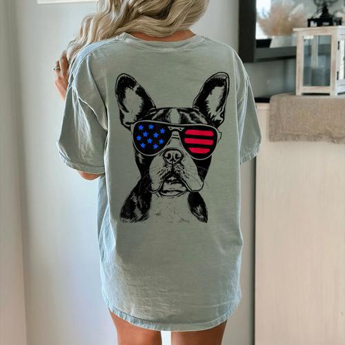 Boston Terrier Dog 4th July America USA Flag Men Women Kids Women's Comfort Colors T-Shirt Back Print - Bostonterriersmerch.com