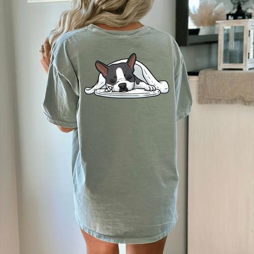Boston Terrier Dog Official Sleeping Men Women Girls Kids Women's Comfort Colors T-Shirt Back Print - Bostonterriersmerch.com