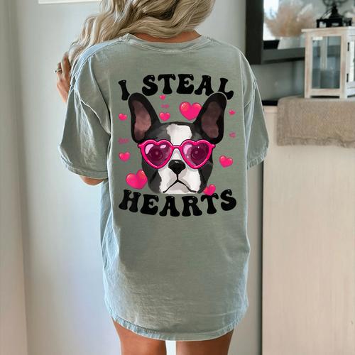Boston Terrier Heart Glasses Girls Bostie Valentines Day Women's Comfort Colors T-Shirt Back Print - Bostonterriersmerch.com