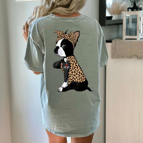 Boston Terrier Lover I Love Mom Tattoo Leopard Women's Comfort Colors T-Shirt Back Print - Bostonterriersmerch.com