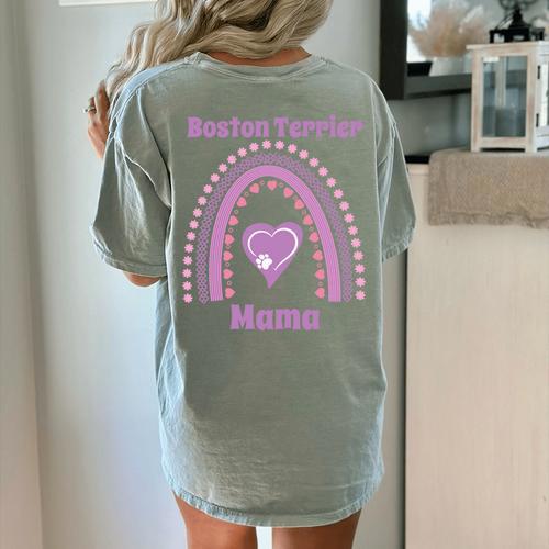 Boston Terrier Mama Cute Rainbow Paw Heart Shape Women's Comfort Colors T-Shirt Back Print - Bostonterriersmerch.com