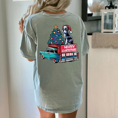Boston Terrier Merry Christmas Tree Truck Santa Dog X-Mas Women's Comfort Colors T-Shirt Back Print - Bostonterriersmerch.com