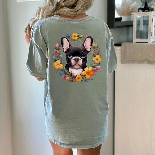 Boston Terrier Mom Floral Bostie Dog Lover Flowers Cute Women's Comfort Colors T-Shirt Back Print - Bostonterriersmerch.com